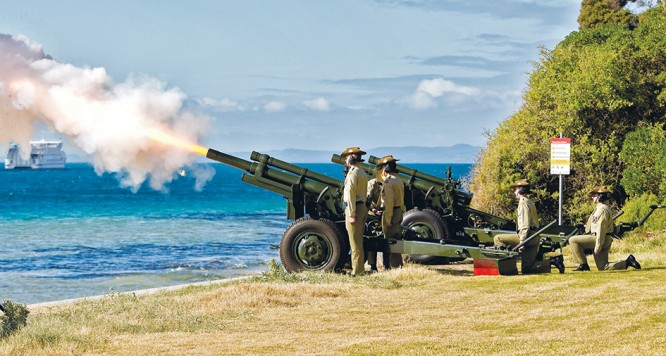 AN ear-shattering blast from a howitzer cannon perched at the tip of the Mornington Peninsula echoed across the waters of Port Phillip at exactly 12.45pm last Tuesday, marking the precise moment 100 years ago the first shot of the British Empire in the First World War was fired across the bow of a fleeing German merchant ship. Picture: Yanni
