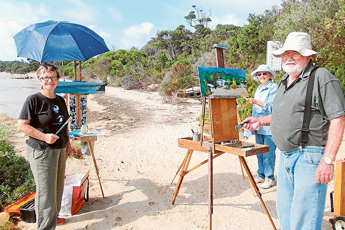 Reality check: Plein-air painters Kay Lipman (left) Doreen Grey and Rodger Stebbing at Cameron’s Bight.