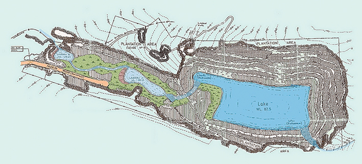 Future perfect: An artist’s impression of  how the old Pioneer quarry could look after rehabilitation, a condition of the 1998 quarry permit. Sheepwash Creek would be restored to its original location at the bottom right-hand corner of the pit.