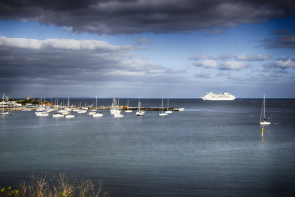 The Pacific Pearl sits off Mornington. Picture: Cameron McCullough