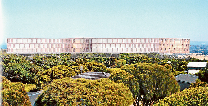 Ground control: Neighbours of the proposed 30-metre high RACV Cape Schanck resort have dubbed it “the mothership”. This artist’s impression shows the view of the resort’s 30-metre high building from one of 200 homes in the precinct. It blocks the owner’s view of Bass Strait.