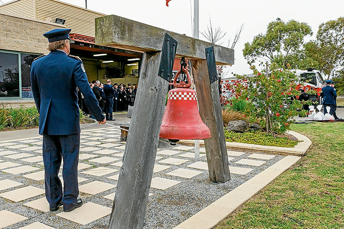 Bell tolls: The bell outside Somerville CFA was rung 54 times on Saturday afternoon in memory of long time firefighter Rod Armstrong, whose funeral at the station was attended by 240 mourners. 