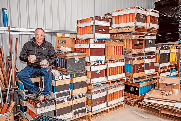 Blast off: Rusty Johnston with his wares at the Hastings warehouse. Picture: Yanni