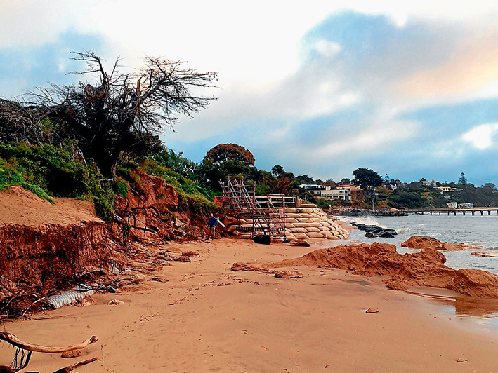 Beach bummer: Windy weather and rough seas last week saw even more erosion of Portsea’s once beautiful front beach. Pictures: Josh Clark/Dive Victoria