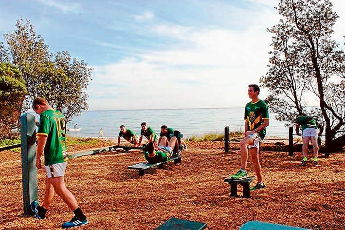 Water view workout: Testing the fitness station are Dromana Football Club players Billy Quigley, Christian Ongarello, Ash Waterstone, Toby Banks, Shaun Clarke, Jack Fowler and Terry Wheeler. Picture supplied