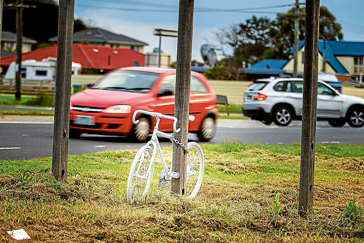 Loving memory: A “ghost” bike has been erected as a tribute to Mt Martha cyclist Joel Hawkins. Picture: Yanni