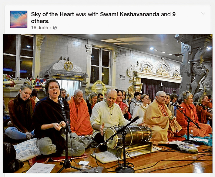 Temple sounds: Members of the Mt Eliza ashram, including leaders Russell Kruckman (also known as Swami Shankarananda and Swamiji) and Devi Ma were at the Shiva Vishnu temple in Carrum Downs in June for chanting and a performance by Melbourne-based “spiritual/world” band Sky of the Heart.  Source: Facebook