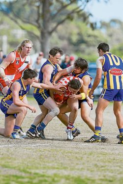All wrapped up: Sorrento had few answers to the pressure applied by Somerville who advanced to the Nepean League Grand Final with victory over the Sharks. Picture: Scott Memery