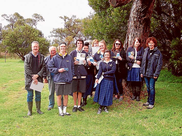 Up the creek: Somerville Secondary College students join Westernport Biosphere’s Lance Lloyd (far left), property owner Peter Randall (second from left), Melbourne Water education officer Jane Petch (far right) for a walk alongside Watson Creek near where it enters Watson Inlet.