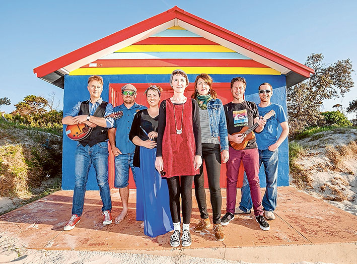 Ready to entertain: Yanni Dellaportas, Ryan Pentland and Natalie Parker of band SugaTree, Blue Dog Night organiser Erin Watkins, with Kelly Jean Daymond, Chris Swayn and Brendan White of The Warrains.