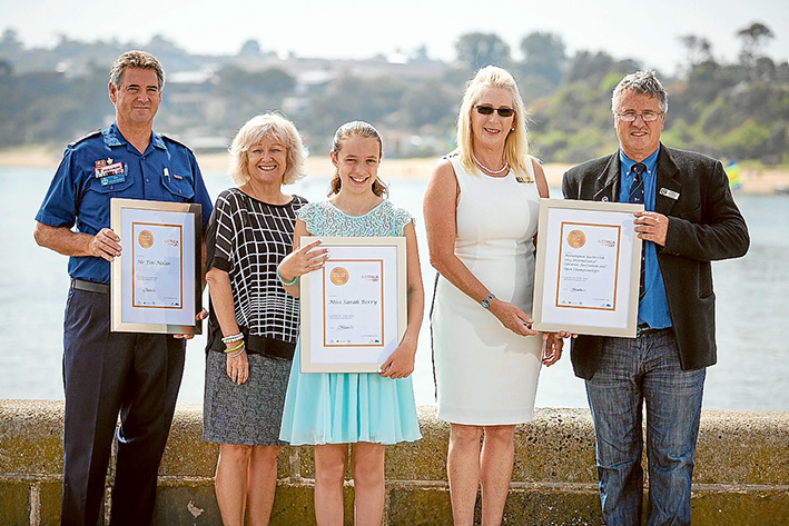 Award holders: Mornington Peninsula Shire mayor Bev Colomb, second from left, with winners of the 2015 Mornington Peninsula Australia Day awards, Tim Nolan, Sarah Berry, and Mornington Yacht Club’s Sheryl Schumacher and Graeme Alexander.