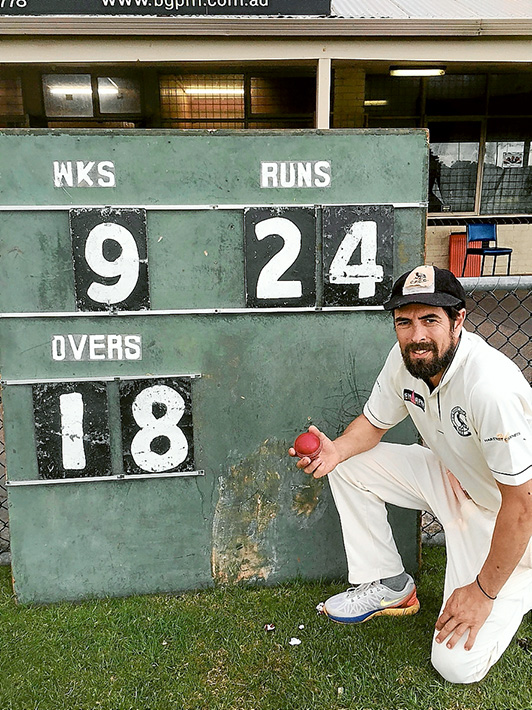 Bowling into the record books: Glenn Barclay took 9/24 off 18 overs against Rye on Saturday; a Crib Point Cricket Club record. Picture: Ricky Thompson