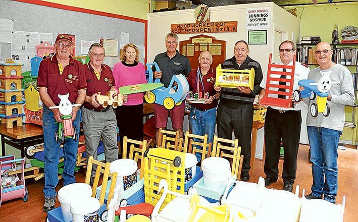 Present day supporters: Woodworkers of the Southern Peninsula president John Bayliss, left, with John Parrent, Good Shepherd Foundation’s Mandy Petry, Community Bank senior manager Gary Sanford, secretary Greg Millar, Southern Peninsula Food for All’s Ken Northwood, Rosebud Salvation Army Corp’s Russell Butcher, Westernport Giving Program’s Mike O’Grady.