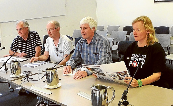 Port call: Preserve Western Port Action Group members at the Port of melbourne inquiry, from left, Graeme Hannigan, Kevin Chambers, Jeff Nottle (chairman) Kate Whittaker (secretary). Picture: Supplied