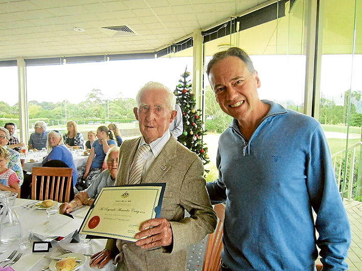 Birthday greetings: Reg Craig, left, with Greg Hunt during a lunch to mark Mr Craig’s 100th birthday.