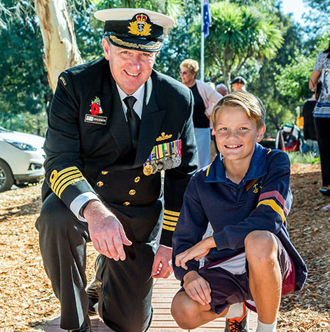HMAS Cerberus Captain Stephen Bowater, OAM, with the school’s captain Brenton Twaites. Picture: Gary Sissons