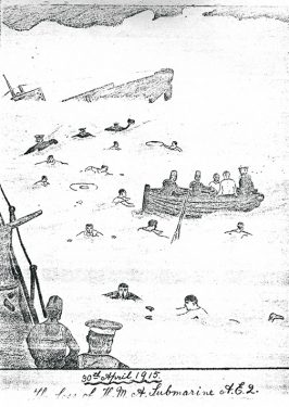 The sinking of the AE2. A sketch by Leading Signalman Thomson.