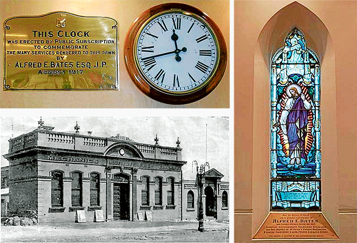 Top: The memorial clock, now in the Mornington Library. Bottom: The clock in its original location, the Mechanics Institute. Right: The stained glass window in St Peter’s Church, Mornington.