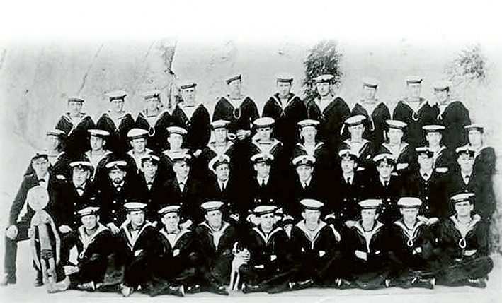 The AE2 crew in Malta in 1915, Leading Signalman Thomson is in the front row, far right.