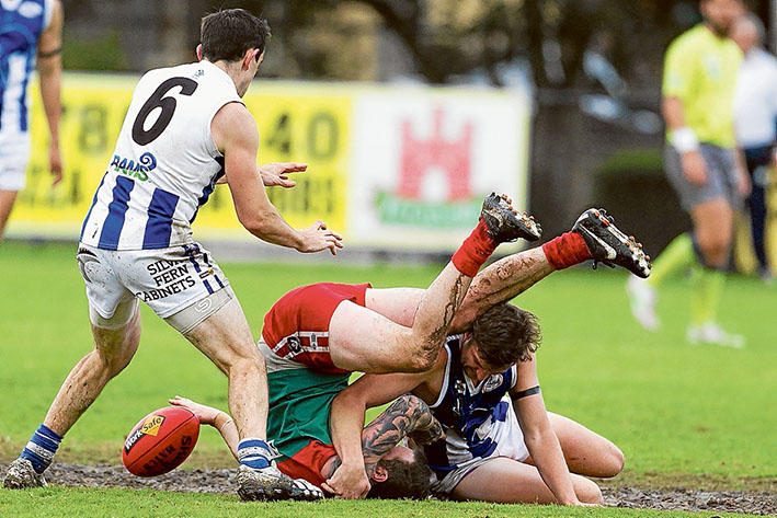Kangas kick themselves out: Despite having five more scoring shots than Pines, Langwarrin still went down by five points.  Picture: Scott Memery