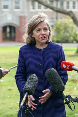 Media call: Toorak College principal Helen Carmody addresses the media.