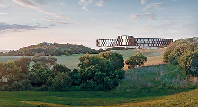 Big sky view: Artist’s impression of how the five-storey building will look from Trent Jones Drive, Cape Schanck.