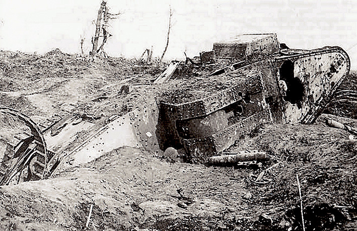 Above: A tank after coming to grief at Bullecourt.