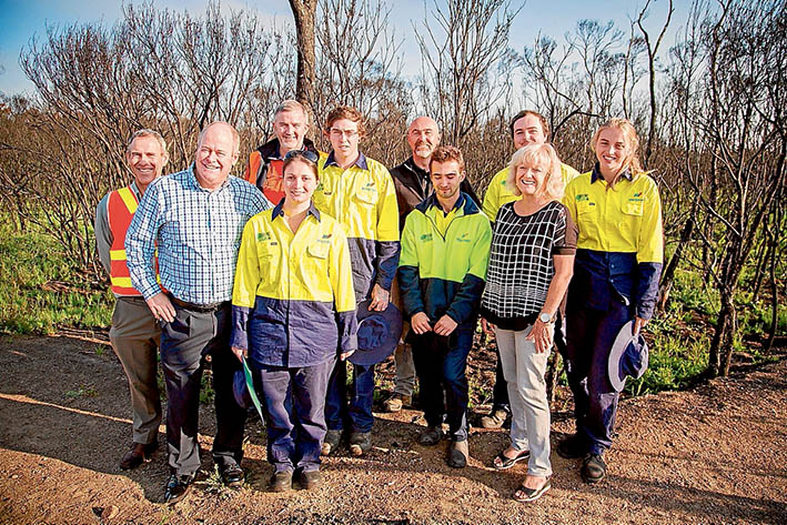 Park restorers: The Green Army team at Warringine Park with Cr David Garnock, the mayor Cr Bev Colomb, natural system’s team leader Simon Thorning and conservation coordinator Matt Stahmer.