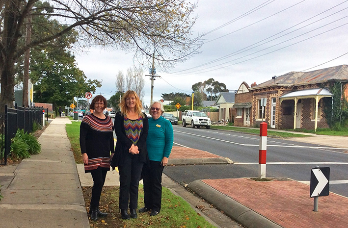 Slow down: New speed limits and traffic treatments for Eramosa Rd East have the approval of parent Kim Fitcher, Somerville Primary School principal Sue Goodall, and Cr Lynn Bowden.