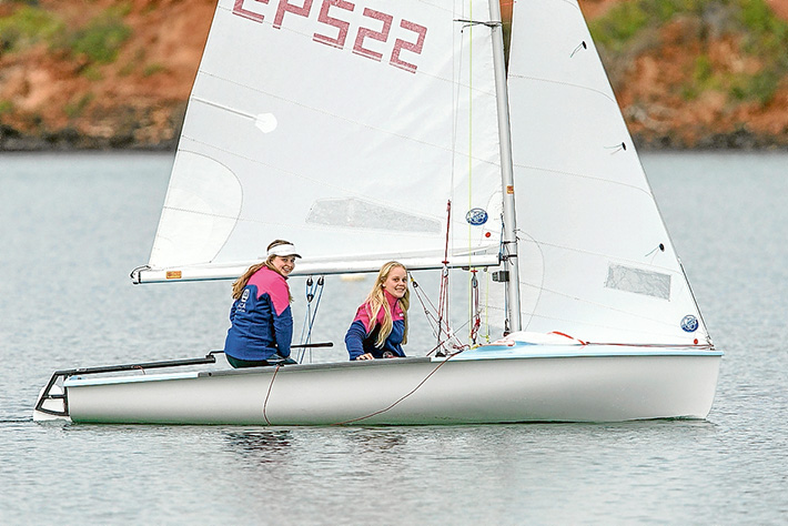We are sailing: Sophie Jackson, left, and Ella Sharman in Mornington harbour. Picture: Gary Sissons