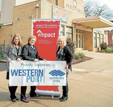 Making an impact: Blue Scope Steel’s Amanda Burston, Impact for Women’s Jenny Scott and shire mayor Cr Bev Colomb invite the community to the Impact for Women Market Day, Saturday 10 October, Hastings Community Hall.