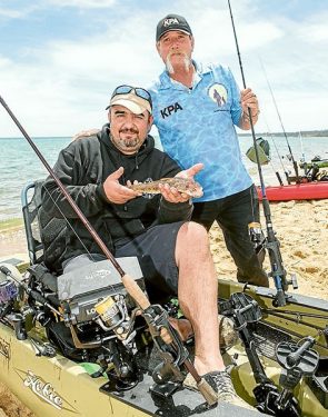 Kayak Fishing Mt Martha. Contact Glenn Cooper (Guru Glenn) Mob; 0457 363 701 Taken at Mt Martha Beach Sunday 8th November 2015. Approx; 47 Kayakers took part and helped raise money for Thats The Thing About Fishing (thatsthethingaboutfishing.org.au) a fishing group for the disabled. Photo: L-R John Mauro from Mt Eliza with his large Flathead he caught and Guru Glenn Cooper (President). 0457 363 701