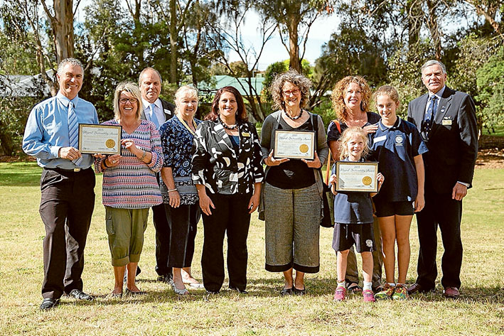 For nature: From left, Peter Whyte and Denise Ferguson of St Thomas More Primary School; Cr Graham Pittock; Michelle McCready of the shire’s renewable resources office; Cr Antonella Celi; Western Port Secondary College principal Hannah Lewis; Angela Roach school horticulturist and a member of St Joseph’s Primary School Crib Point support staff team with students Willow and Harper; and Cr David Gibb. Picture supplied