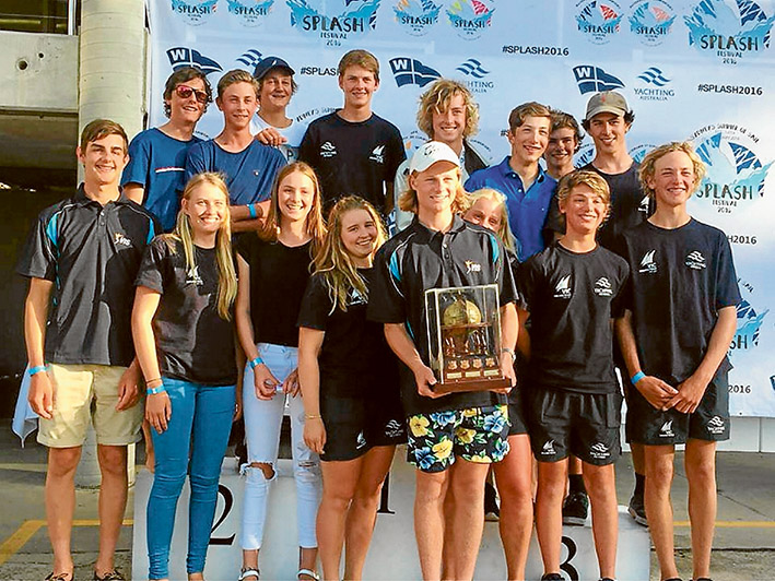 Let’s celebrate: Winning Victorian International 420 sailing team members are, left, front: James Grogan, Lauren Harding, Ella Grimshaw, Sophie Jackson, Nick Sharman, Ella Sharman, Nick Joel and Hugo Llewellyn; back: Luke Telford, James Hackett, Casey Bates, Hayden Harding, Jack Purcell, Ethan O’Brien, Stan Austin and Kristian Tipovsky.