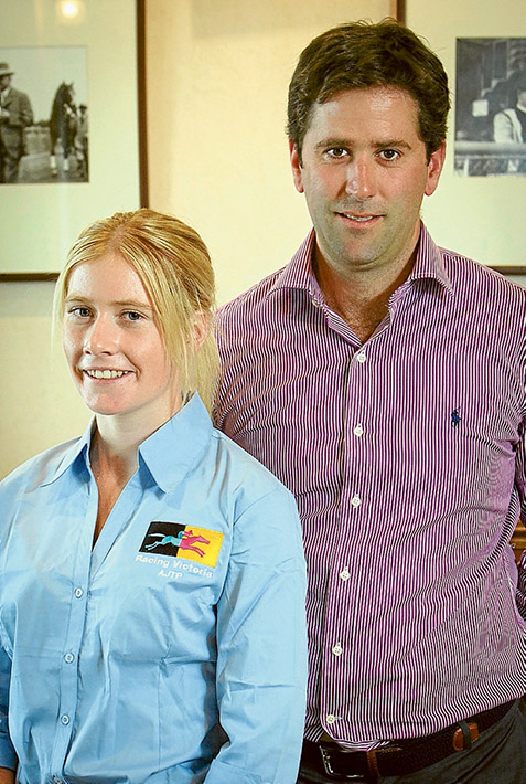 Elite training: Apprentice jockey Mikaela Lawrence, pictured with trainer Sam Pritchard-Gordon, has been inducted into Victoria Racing’s elite jockey apprenticeship program. Picture: Racing Victoria