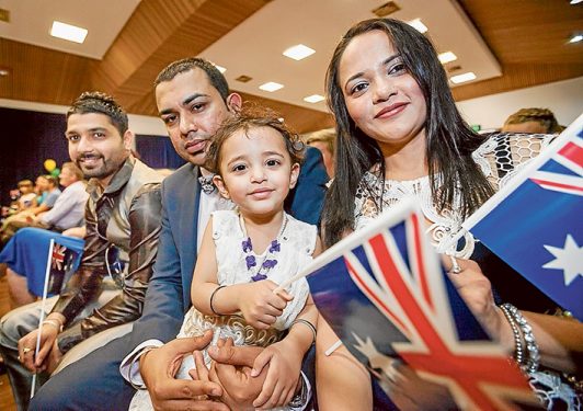 Akashdeep Singh, Amit Kumar, Harjit Kaur and Saanvi Kakkar were among 69 people granted Australian citizenship at a ceremony at Rosebud Memorial Hall by the mayor Cr Graham Pittock. Pictures: Yanni 