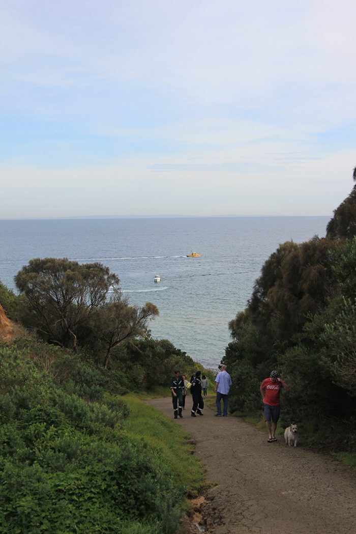 Water craft leaving Mt Martha after shadowing the balloon down the coast. Picture: Cameron McCullough