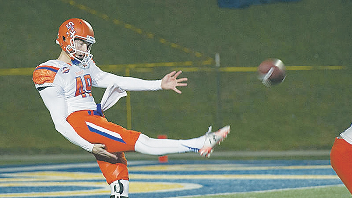 Hang time: New York Jets punting pick Lachlan Edwards shows his skills. Picture: Brian Blalock/SHSU
