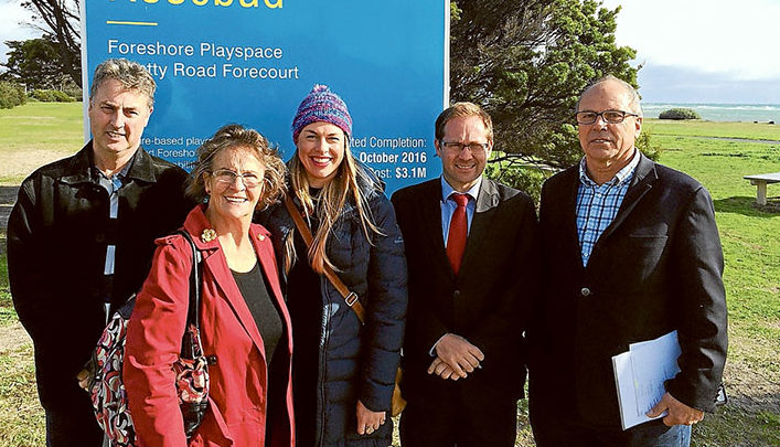 Vote catchers: Liberal Greg Hunt, left, with John Goodman, has promised money to make the Forest Drive-Nepean Highway intersection safer; Above, Labor’s Carolyn Gleixner, centre, wants all three levels of government to help revitalise Rosebud. She is pictured with Adrian Locke, Elaine Newbould, state MP Daniel Mulino and Mornington Peninsula mayor, Graham Pittock.  