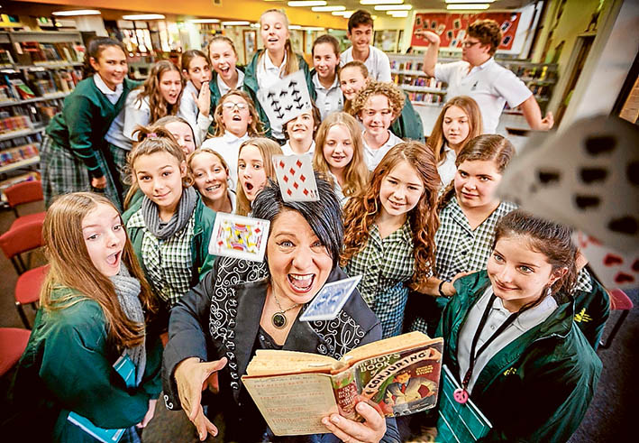 Living library: Magician Cath Jamison shows off her skills as one of the world’s foremost female magicians to Rosebud Secondary College students. Picture: Yanni
