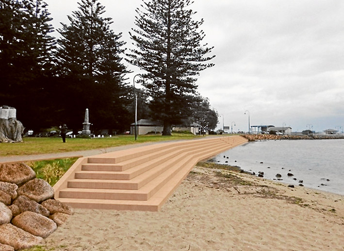 Steps of discontent: Community groups are upset at the sea wall being built at Sorrento which consists of stone steps leading down to the water.