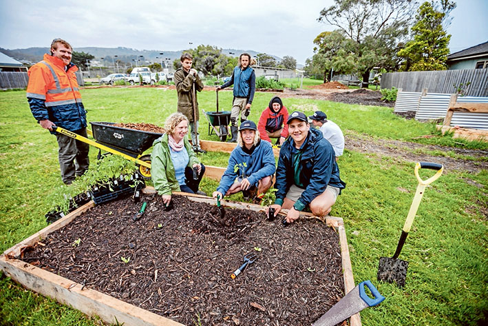 Nurturing nature: Natural systems project officer Gerard Cook, Dromana Community Garden creator Samantha Blair, with VCAL students Joel Corby, Tom Hoggett and, back, Nick Jones, teacher Sean Edwards, Zac Wright and Josh Gibson. Picture: Yanni