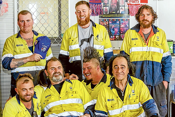 Off with it: Head shaves were had by Ian Stead, Ryan Jackson, Ryan McDonald, Shane Bisby and Tony Ta’ Avili, a beard shave for Peter Moore, and a rat’s tail shave for Kieran Mulholland. Pictures: Yanni