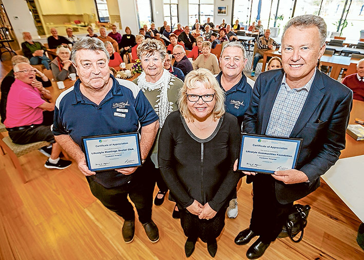 Good cause: Peter Dwight, Veronica Welburne-Brown, Joan Thomas, Lifestyle Communities chairman Ray Nickels and managing director James Kelly at a ceremony to mark fundraising efforts. Picture: Yanni
