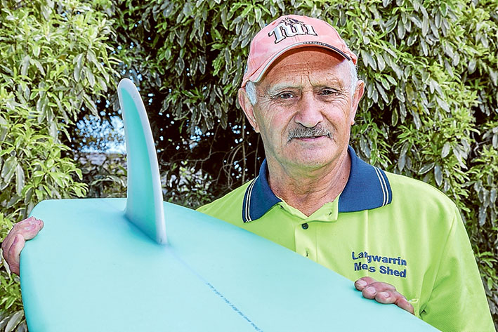 80yo Surfer Tui Wordley. Wave master: Tutanekai “Tui” Wordley, above, with his new board (Picture: Gary Sissons) and below, surfing at The Pines, Shoreham, (Picture: Robin Elliott)