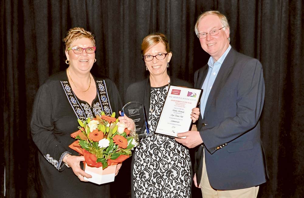 The office: Debbie Kennedy with Rye Sports & Social Club’s secretary Robyn Van Lieshout and Cr Hugh Fraser.