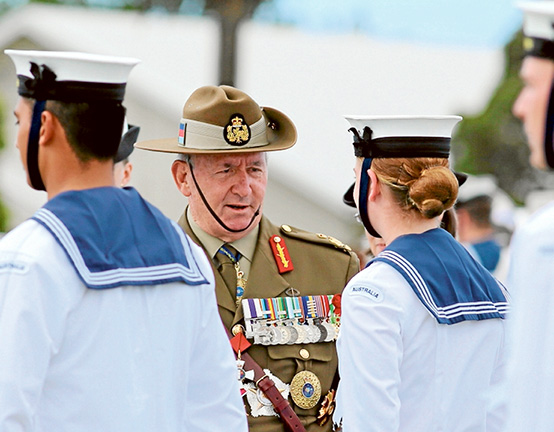 All present and correct: Governor-General Sir Peter Cosgrove inspects Navy personnel at HMAS Cerberus.