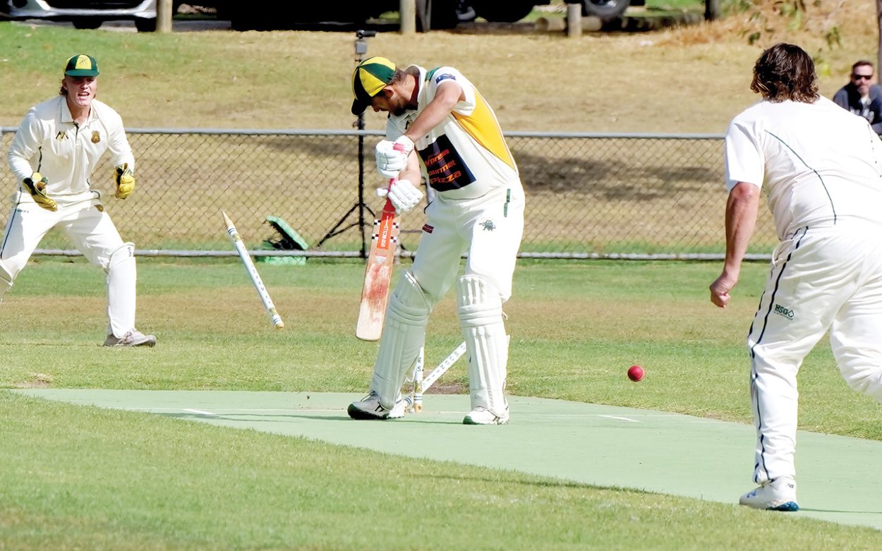 Gone: Nathan Smith had Mt Eliza up and about for a brief period when he got the wicket of Arthur McKenzie and then Dale Irving in quick succession. Here he is sending McKenzie to the changerooms. Picture: Paul Churcher