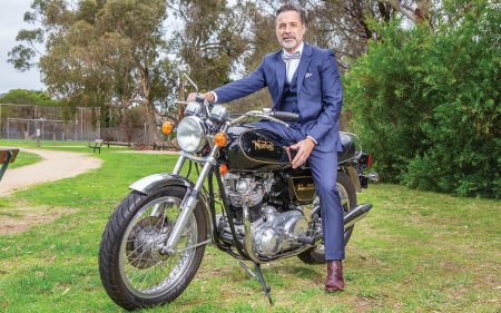Ready to ride: Gerard Penna is dressed for the part to kick off the Distinguished Gentleman’s Ride at Mornington on 19 May. Picture: Gary Sissons