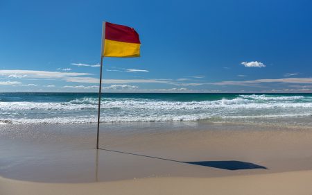 A surf lifesaving flag on a beach